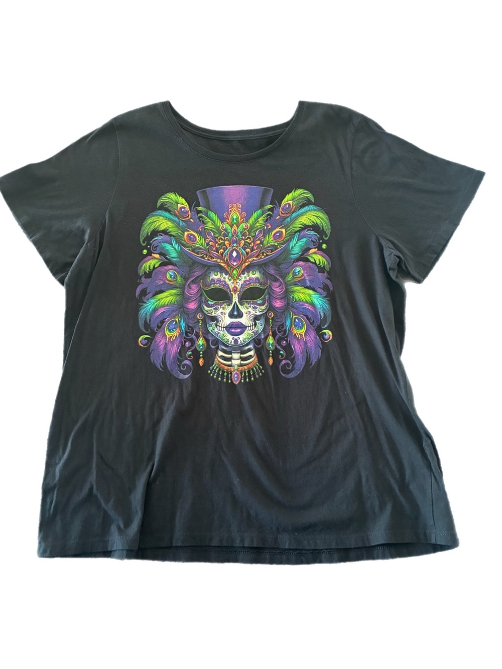 Carnival Party Graphic Tee T-Shirt Vibrant Mardi Gras Sugar Skull 100% Cotton 2X